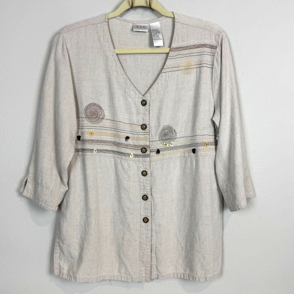 CLC Embroidered Embellished Linen Blend V-neck Artistic Shirt M